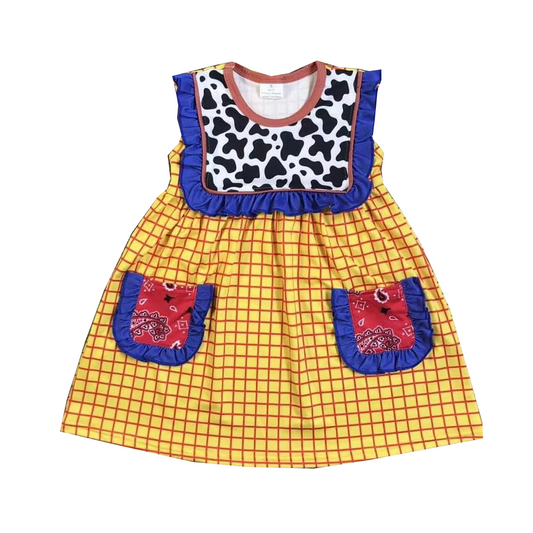 custom style cartoon toy cow print orange checkered sleeveless girls dress