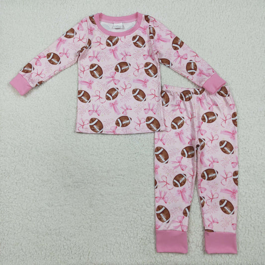 Custom moq 20 bamboo football pink bows long sleeve pants girls pajamas