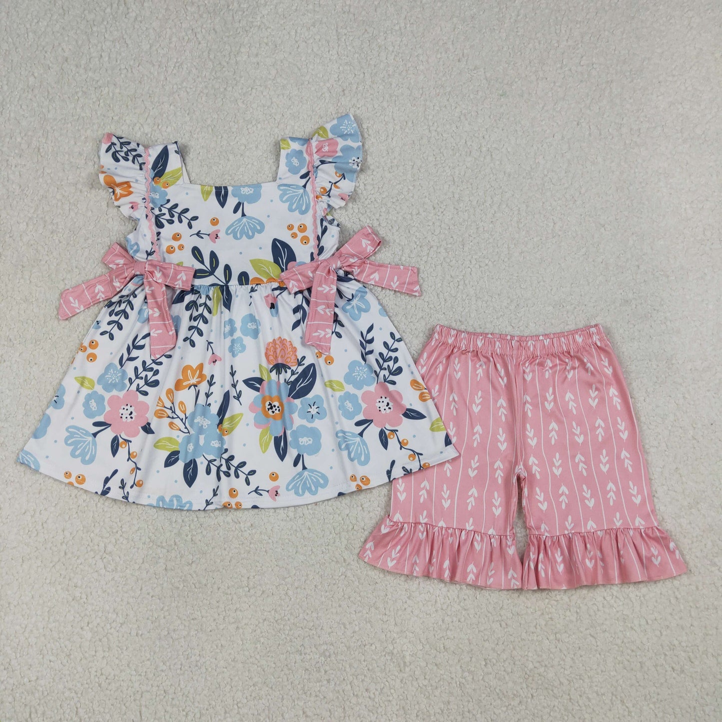 GSSO3746 Flowers Bows Flutter Sleeve Shorts Girls Set