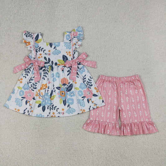 GSSO3746 Flowers Bows Flutter Sleeve Shorts Girls Set