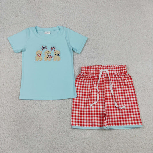 Embroidery BSSO1934 July 4th Firework Dog Blue Short Sleeve Red Checkered Shorts Boys Set