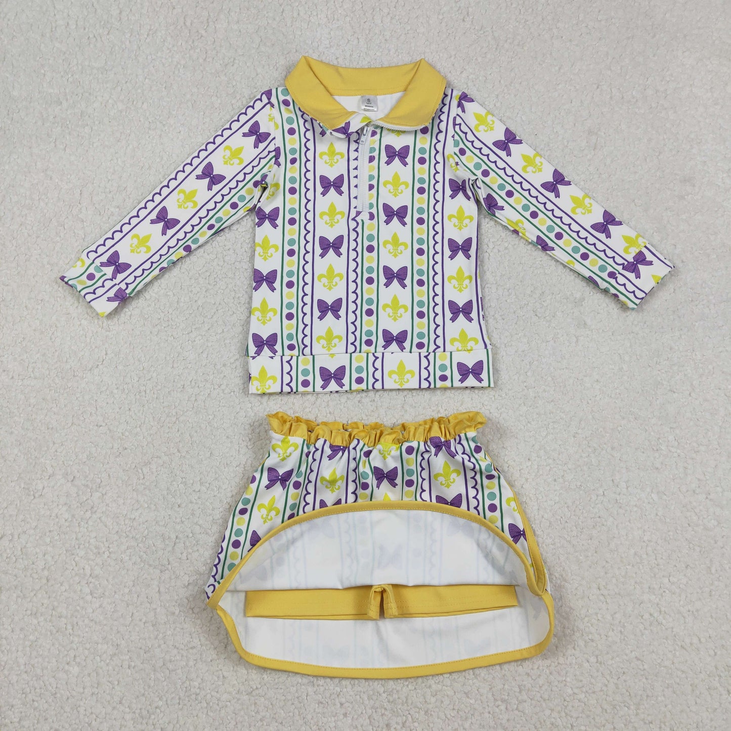 GLD1363 Yoga Mardi Gras yellow green purple bows zipper long sleeve skorts skirt girls set