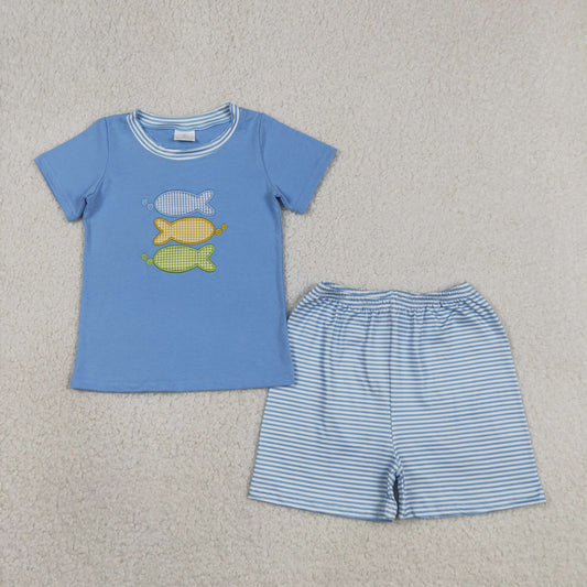Embroidery BSSO1905 Fishing Blue Short Sleeve Shorts Boys Set