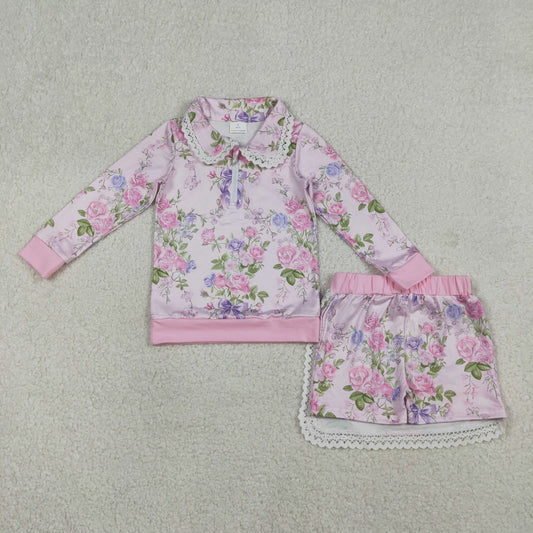 GLD1572 Flowers Pink Zipper Long Sleeve Skirts Girls Set