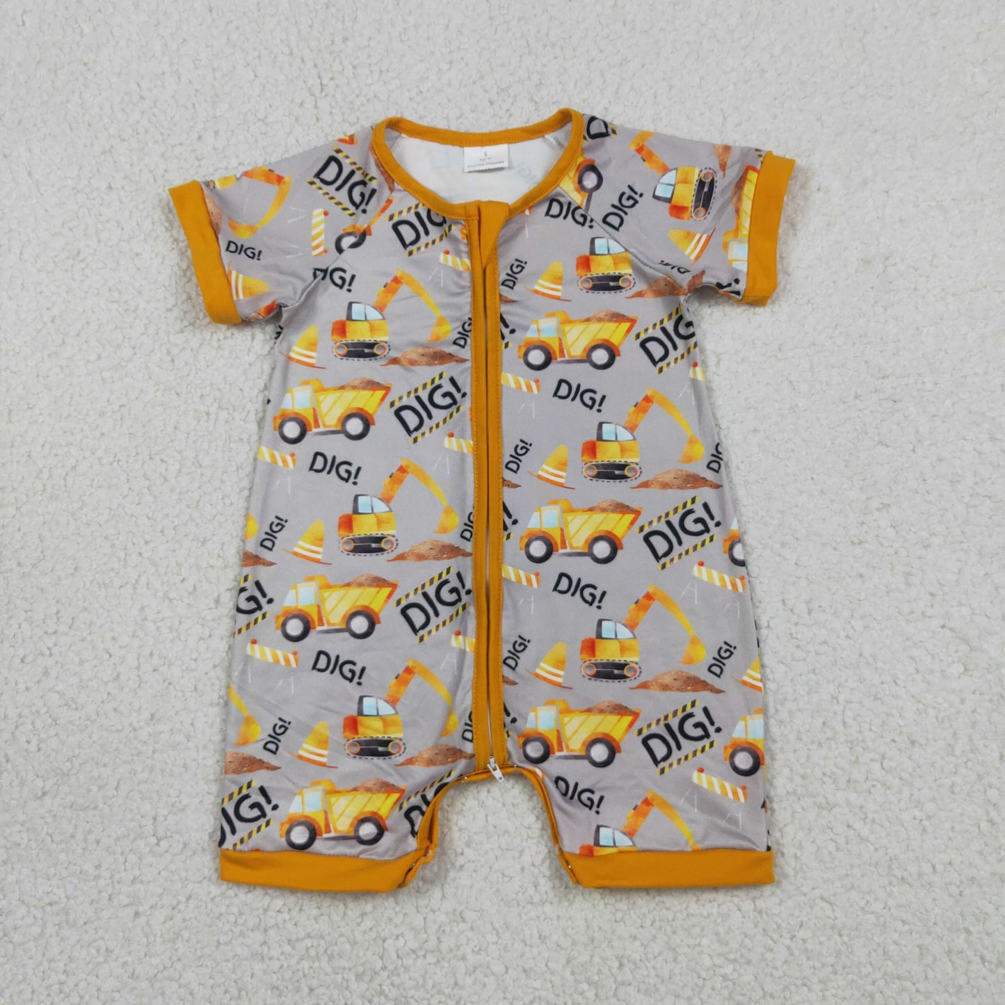 SR0844 Baby Boy Excavator Orange Short Sleeve Zipper Boys Romper Kids Clothes