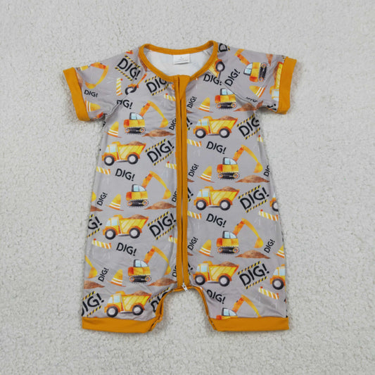 SR0844 Baby Boy Excavator Orange Short Sleeve Zipper Boys Romper Kids Clothes