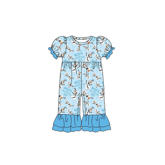custom cartoon snowman blue short sleebe girls romper
