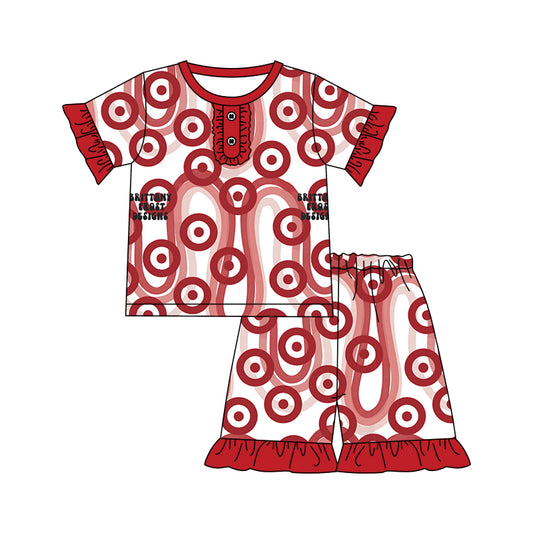 Preorder Target Print Red Short Sleeve Ruffles Shorts Girls Pajamas Set