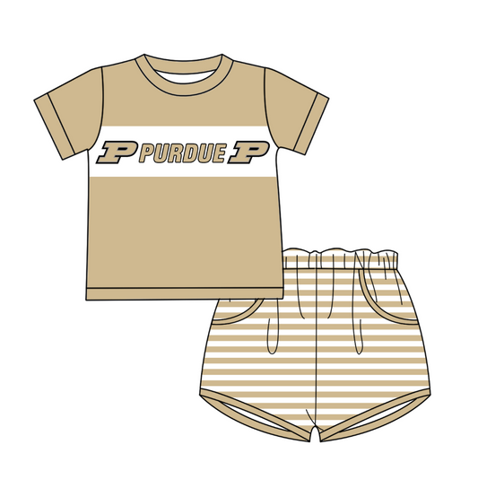 Cutom Moq 3 Football Team Purdue Khaki Short Sleeve Striped Shorts Boys Set