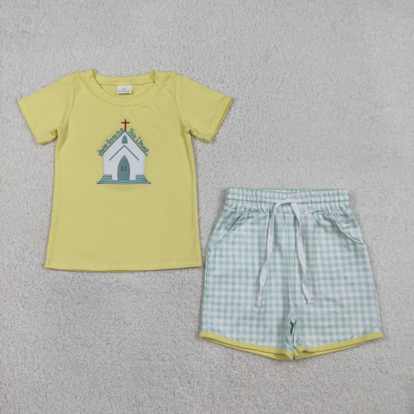 Embroidery BSSO1740 Easter Cross House Short  Sleeve Shorts Boys Set