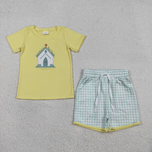 Embroidery BSSO1740 Easter Cross House Short  Sleeve Shorts Boys Set