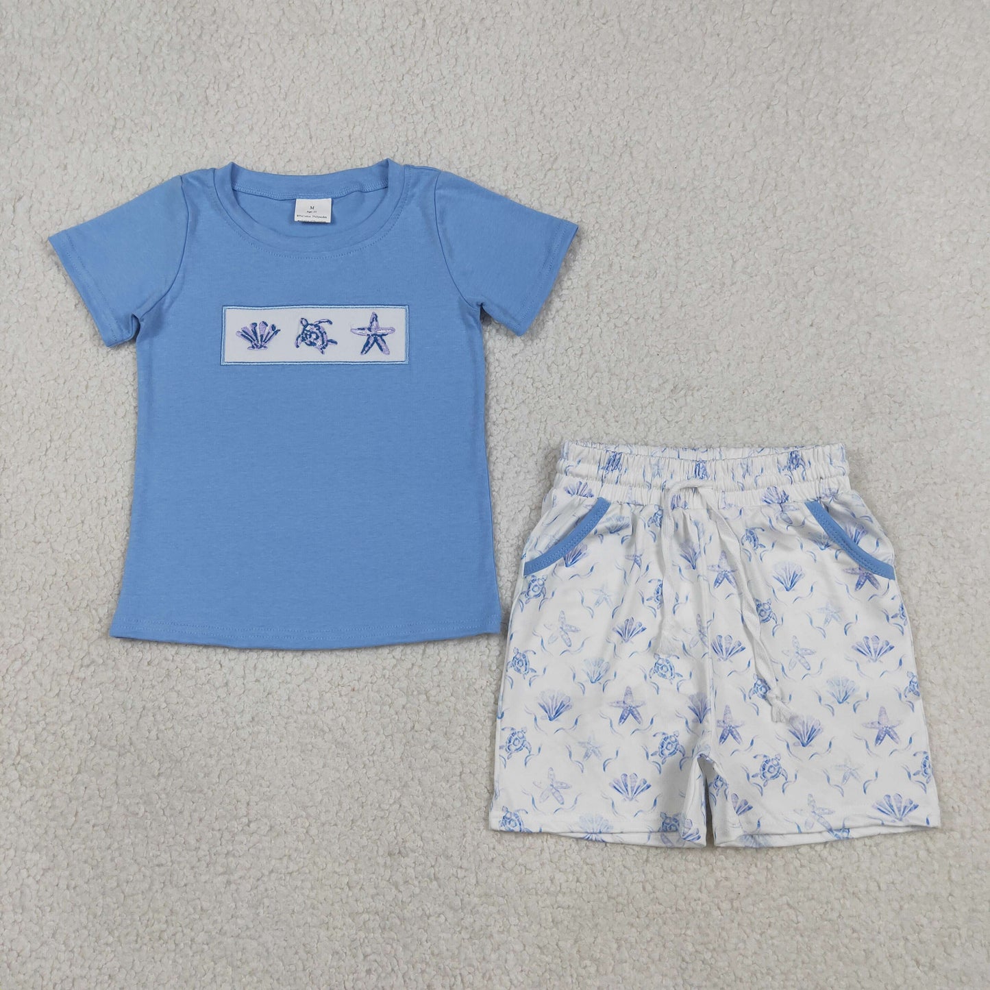 Embroidery BSSO1979 Shell Turtle Starfish Blue Short Sleeve Shorts Boys Set
