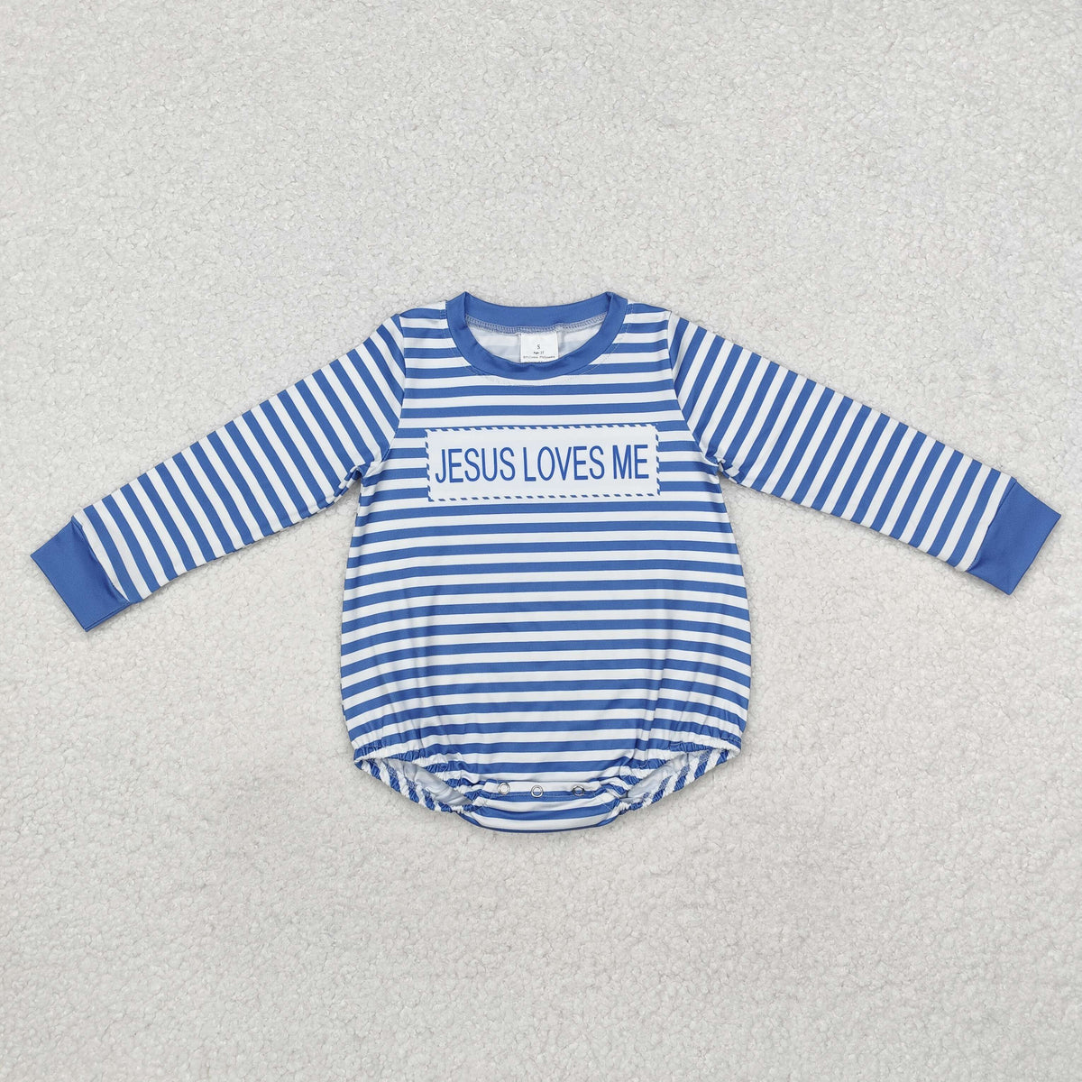 LR1556 Jesus loves me blue striped long sleeve boys romper