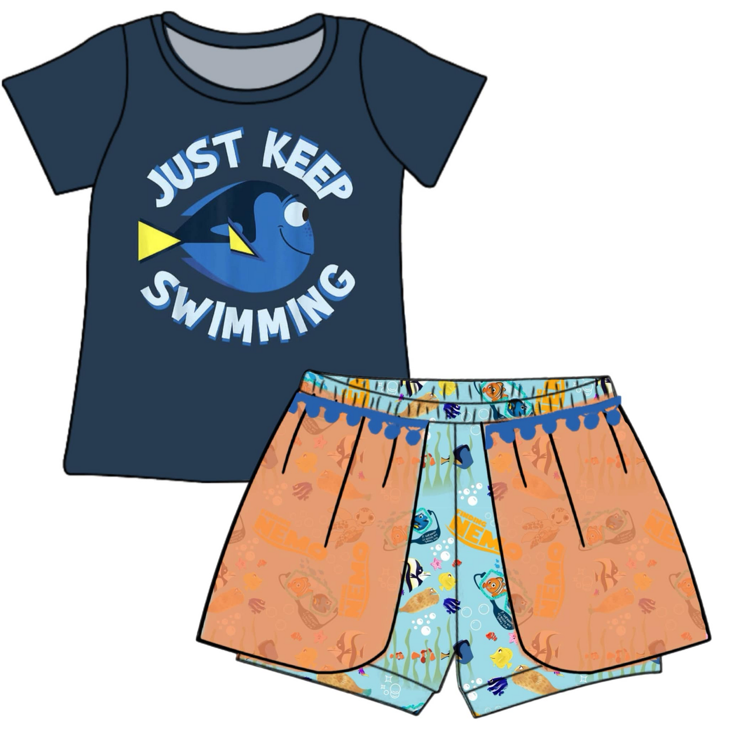 custom style just keep swimming fishing short sleeve shorts girls set tat 6-8 weeks