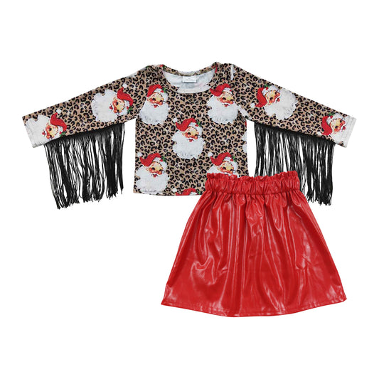 GLD0341 Christmas Santa Claus leopard tassels long sleeve top red leather skirt girls set
