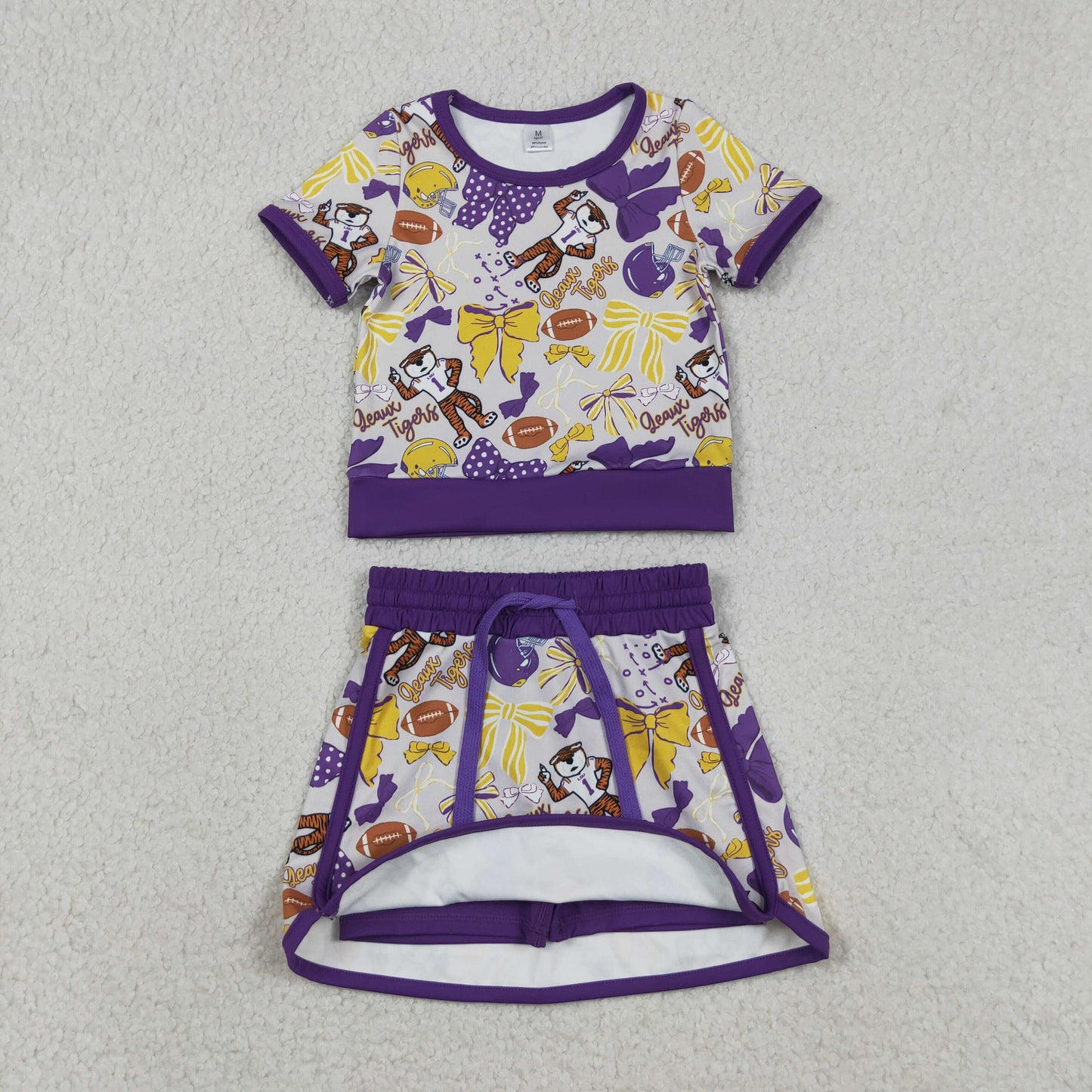 GSD3695 Yoga Football Item Bows Purple Sleeveless Skorts Girls Set