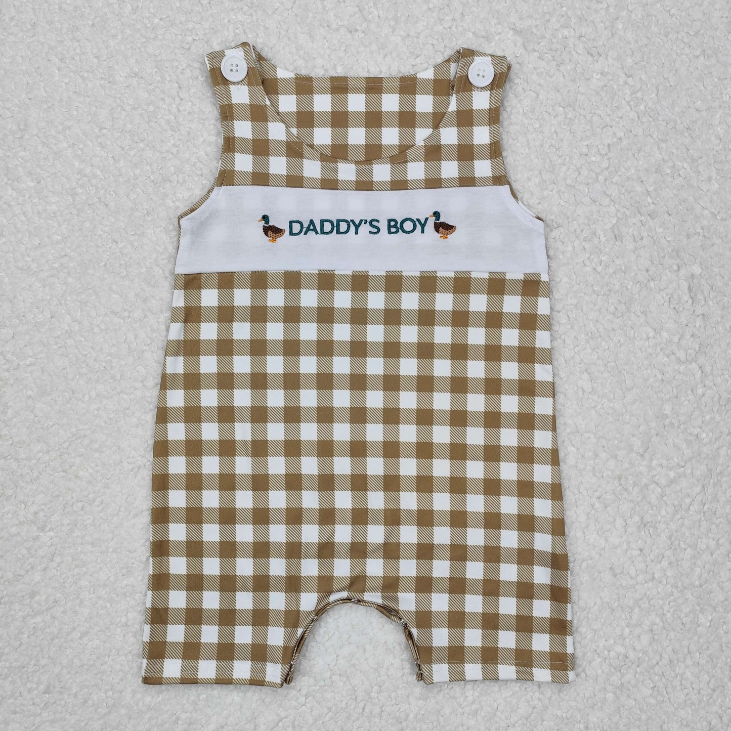 embroidery SR2303 hunting daddy's boy mallard brown checkered sleeveless boys romper
