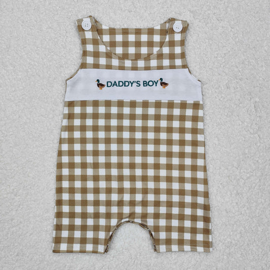 embroidery SR2303 hunting daddy's boy mallard brown checkered sleeveless boys romper