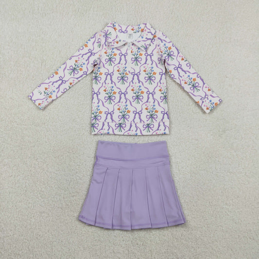 GLD1416 flowers purple long sleeve purple skorts skirt girls set