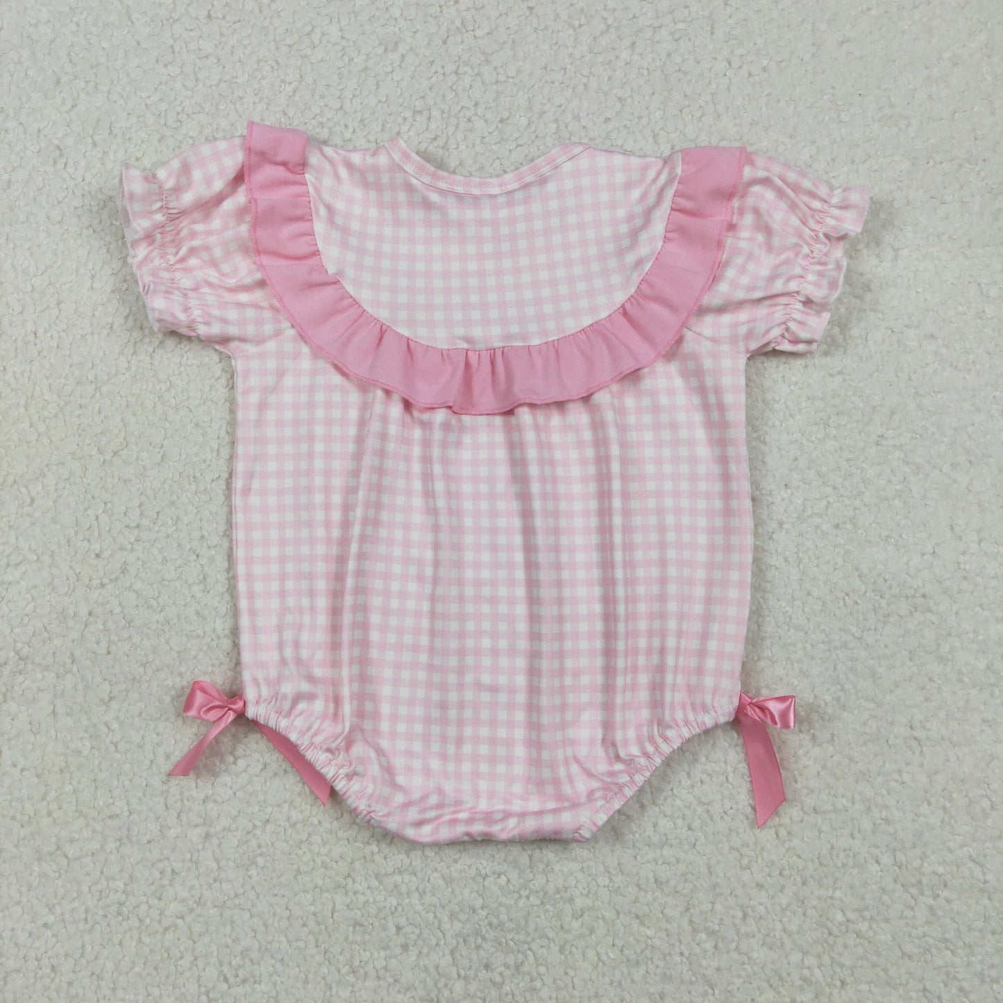 SR3565 Easter Bunny Rabbit Chick Pink Checkered Short Sleeve Girls Romper