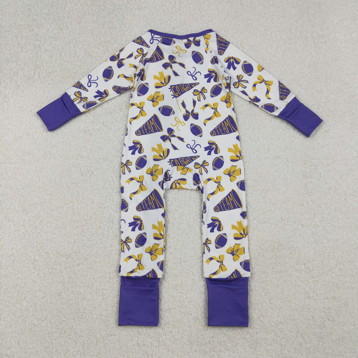 LR2513 cheer purple golden football bows zipper long sleeve girls romper
