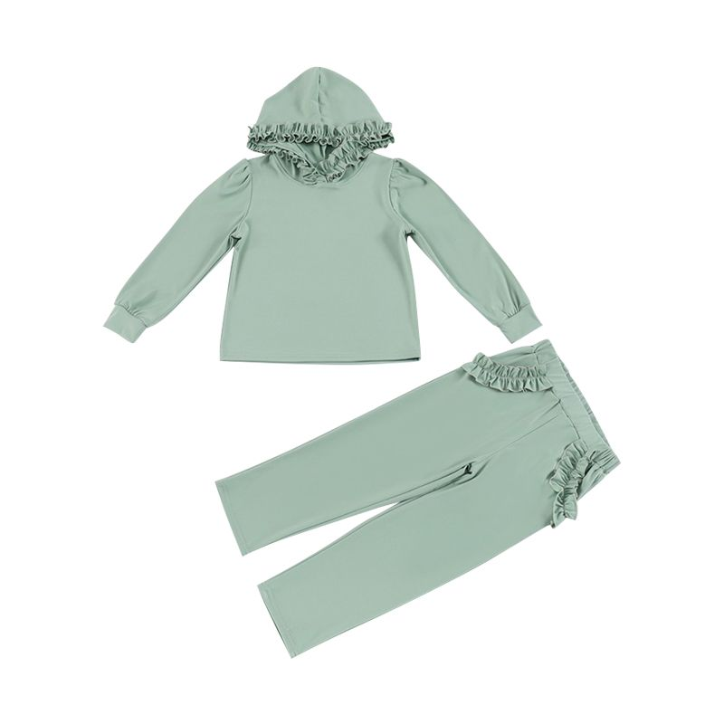 preorder GLP2303 Green Long Sleeve Ruffles Hoodie Pockets Pants Girls Set