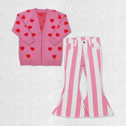 GLP1144 Valentine's Day pink heart sweater cardigan Pink Striped denim pants girls set