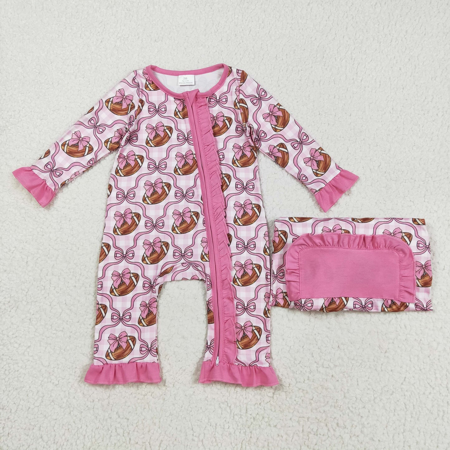 LR2361 football bows pink checkered long sleeve girls romper