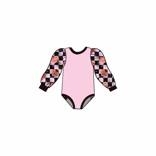 custom Valentine's Day heart checkered pink long sleeve girls romper