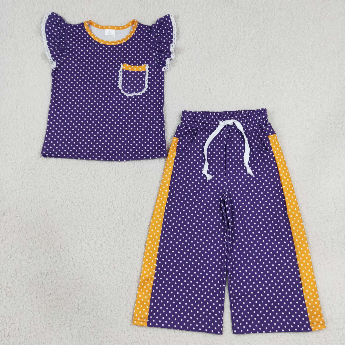 GSPO2366 Purple Dot Flutetr Sleeve Pants Girls Set