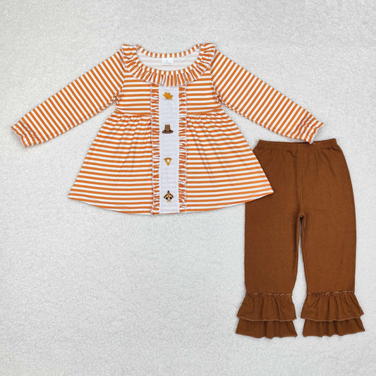 embroidery GLP1435 Thanksgiving turkey pie orange striped long sleeve brown pants girls set