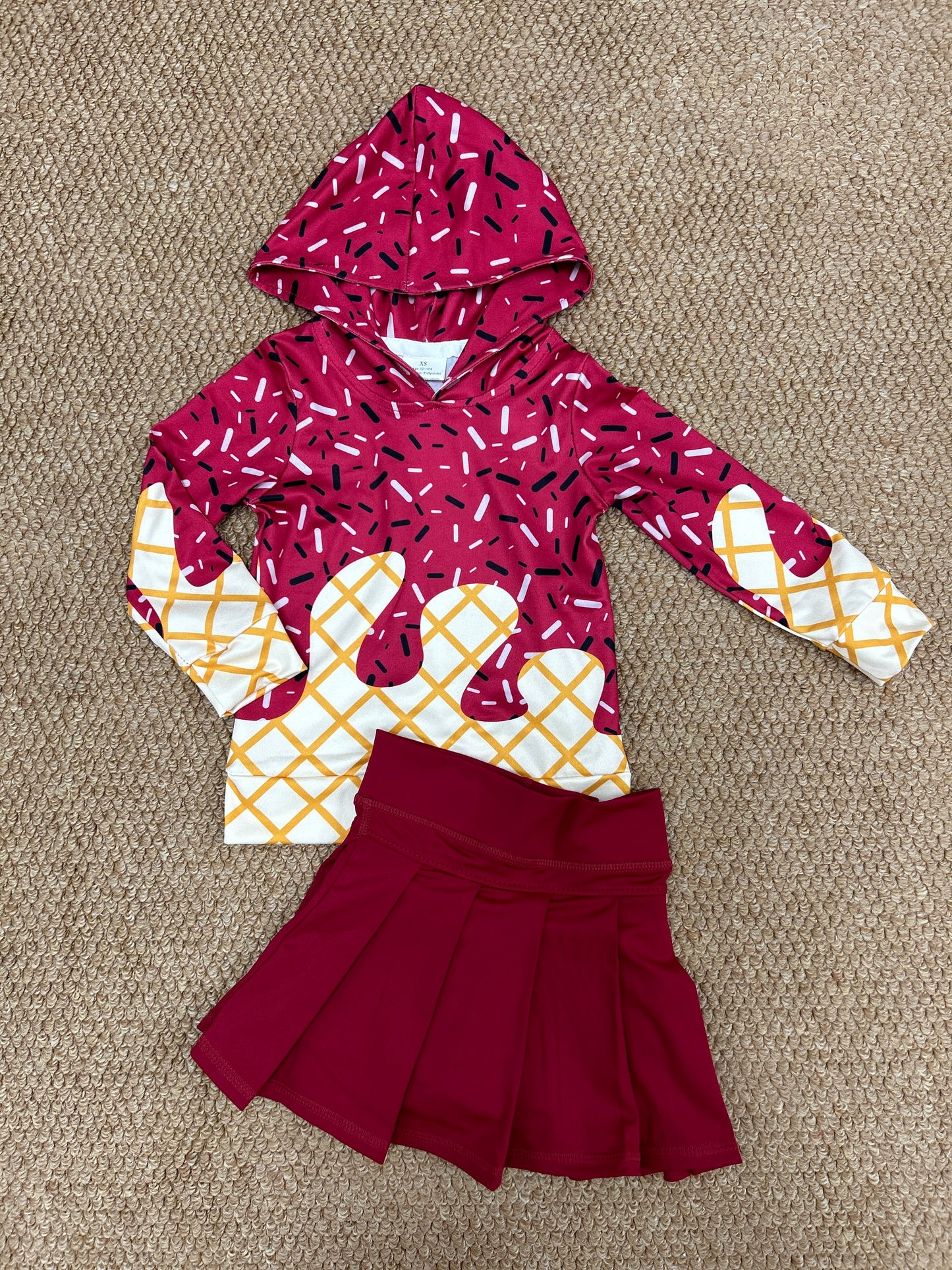 Summer ice maroon hoodie long sleeve yoga maroon skorts skirt girls set