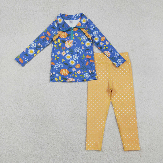 Yoga GLP2736 colorful flowers floral blue zipper long sleeve orange dot pants girls set