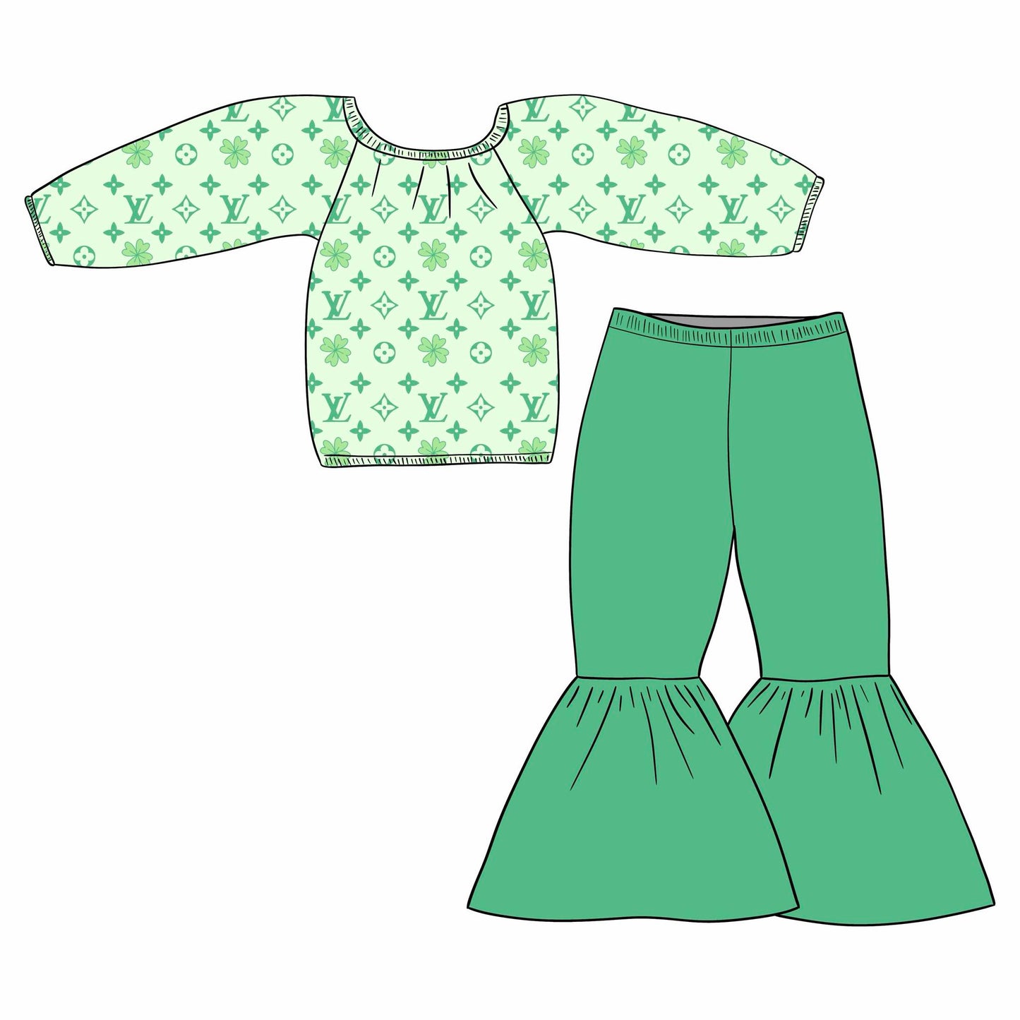 Custom St Patrick Clover Green Long Sleeve Green Pants Girls Set