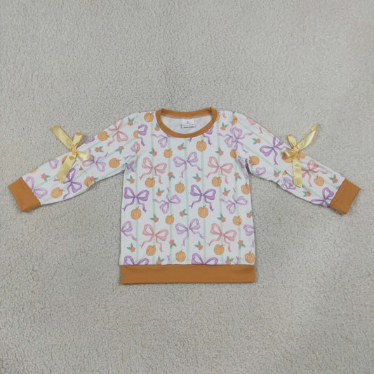GT1658 Pumpkin Bows Long Sleeve Girls Top
