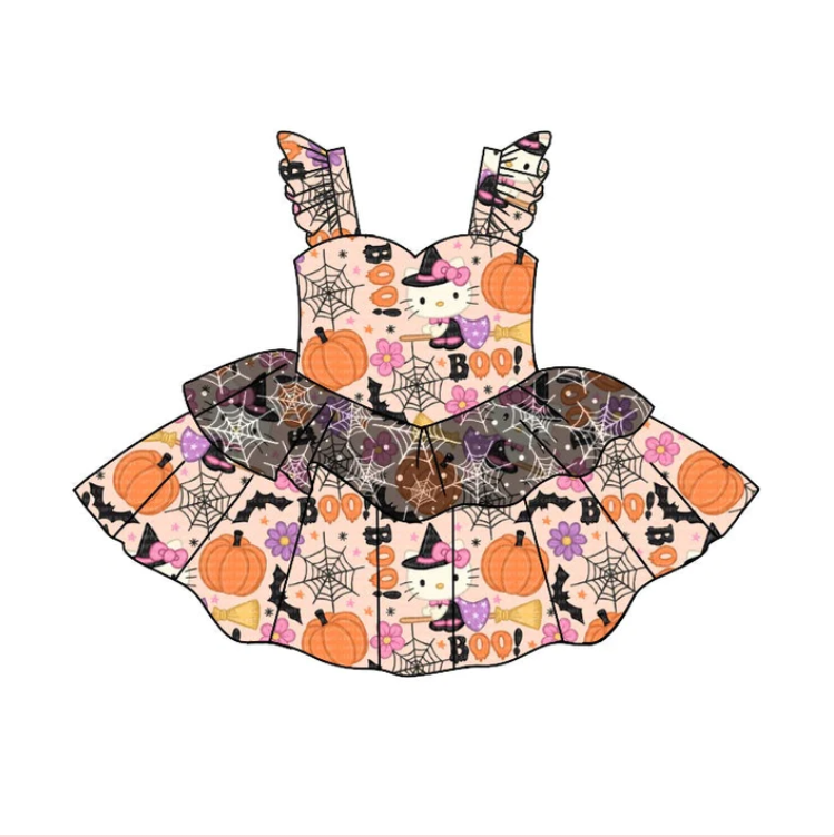 custom S 8.9 Halloween hello cat flutter sleeve girls dress