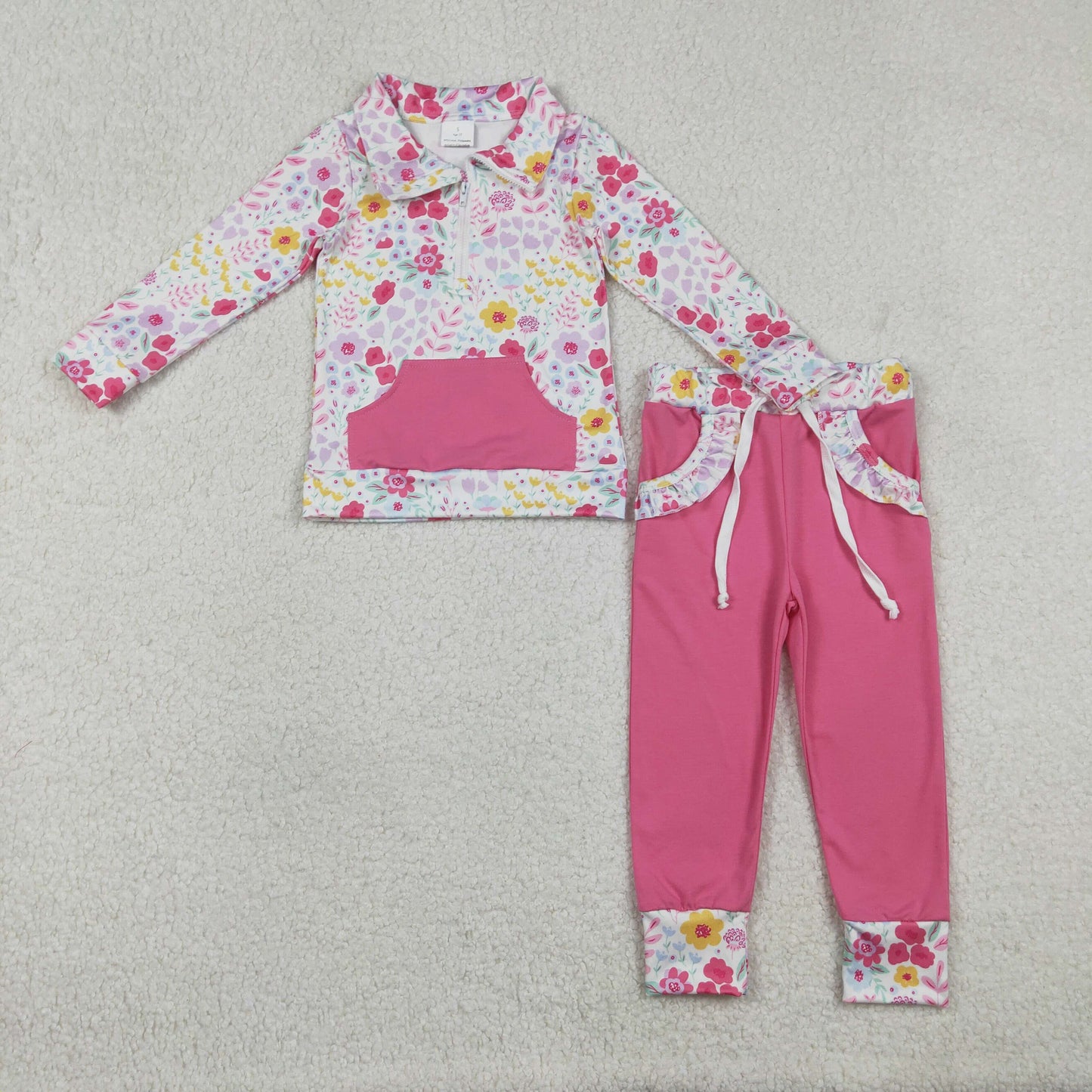 GLP3277 Flowers Floral Pocket Zipper Long Sleeve Hot Pink Pants Girls Set