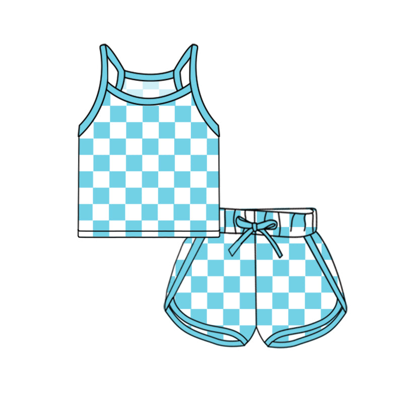 preorder blue checkered camisole shorts girls Summer set
