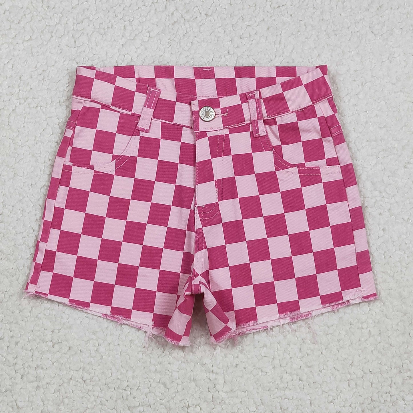 SS0764 Hot Pink Checkered Denim Shorts Girls Jeans