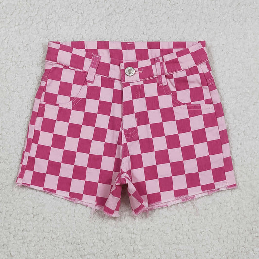 SS0764 Hot Pink Checkered Denim Shorts Girls Jeans
