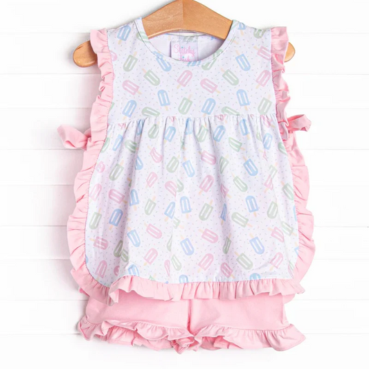custom style cute ice pink sleeveless pink shorts girls set