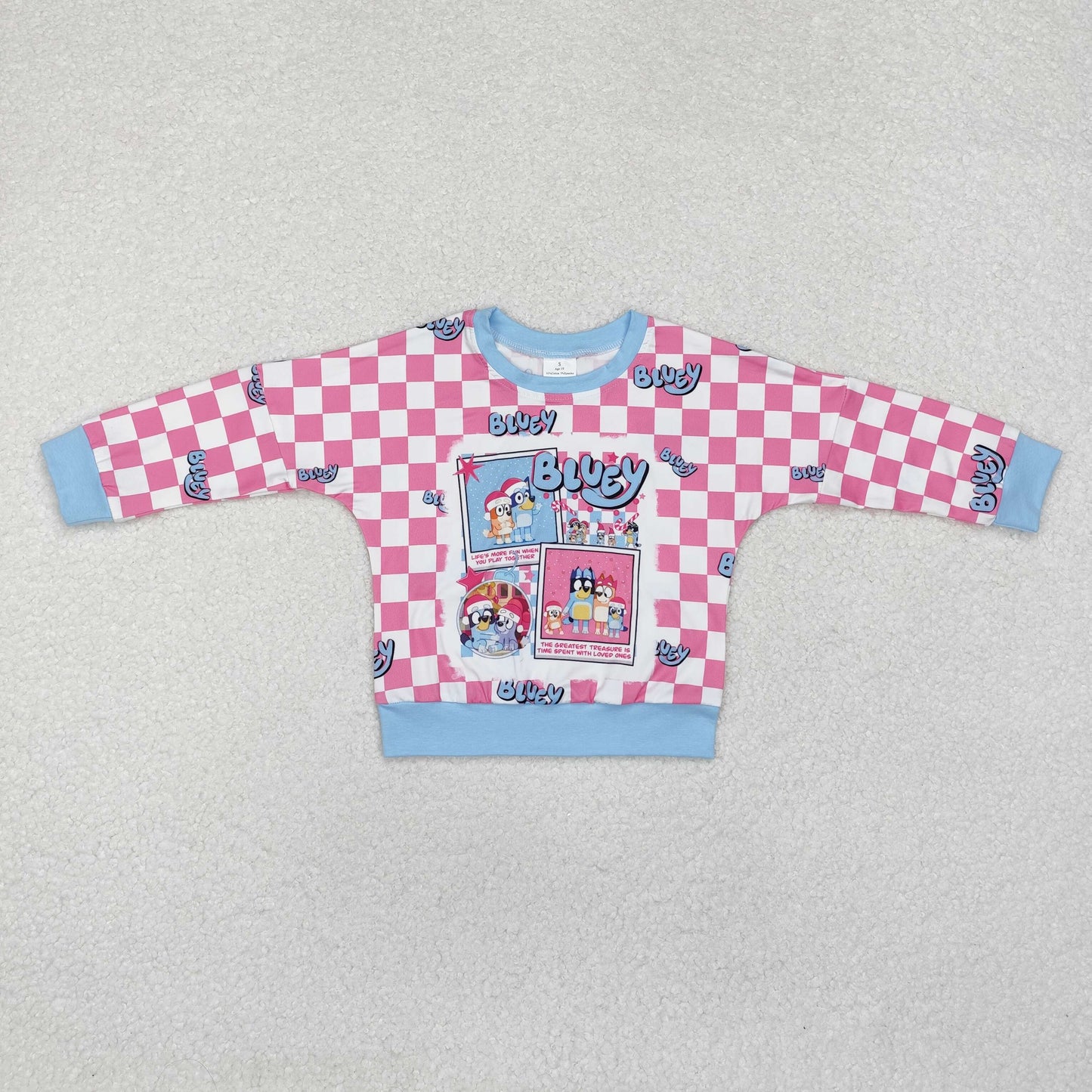 GT0732 Christmas blue dog hot pink checkered long sleeve girls top