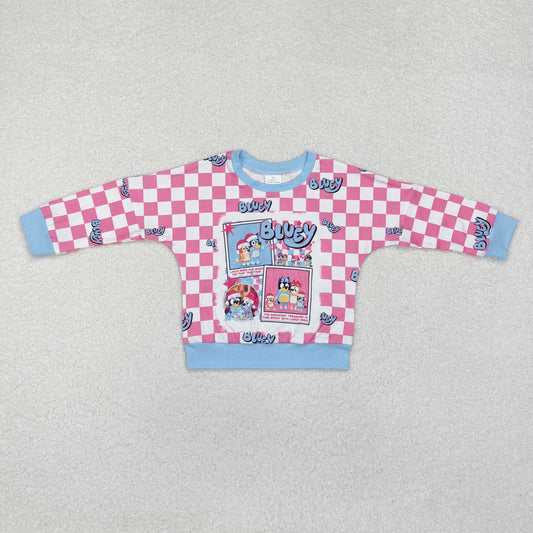 GT0732 Christmas blue dog hot pink checkered long sleeve girls top