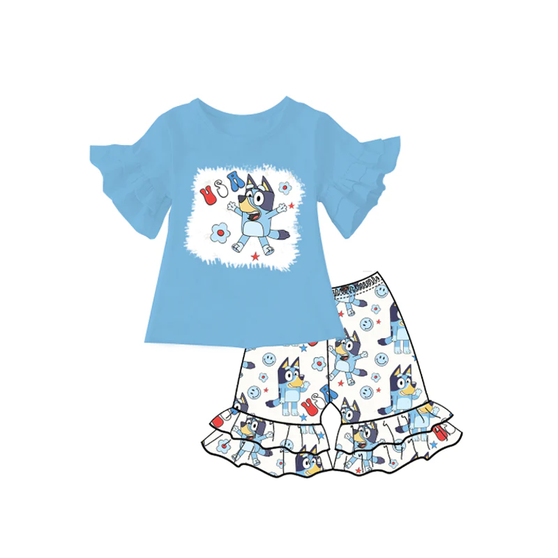 custom style July 4th blue dog blue short sleeve ruffles shorts girls set