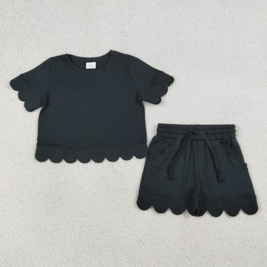 GSSO3172 Scallop Black Short Sleeve Shorts Girls Set