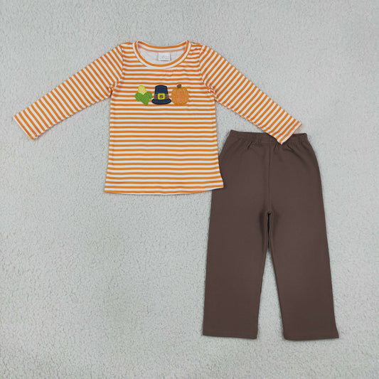 Embroidery BLP1442 Halloween Pumpkin Corn Long Sleeve Pants Boys Set