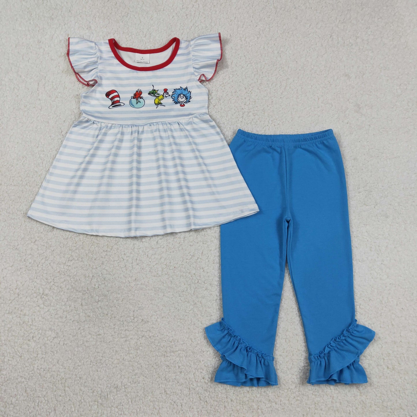 GSPO2136 cartoon doctor striped flutter sleeve blue pants girls set