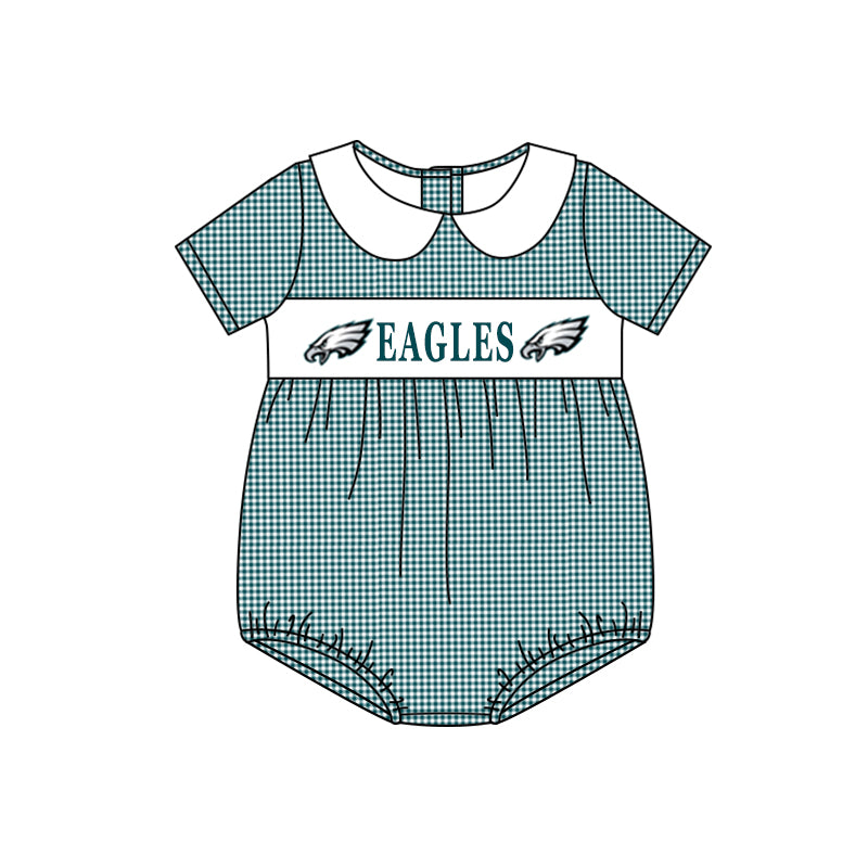 custom style football team eagle green checkered short sleeve girls romper 2