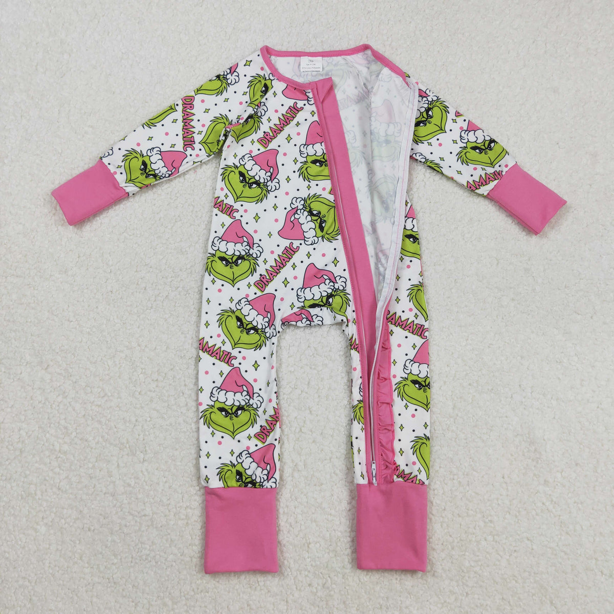 LR2495 Christmas green face dramatic pink zipper long sleeve girls romper