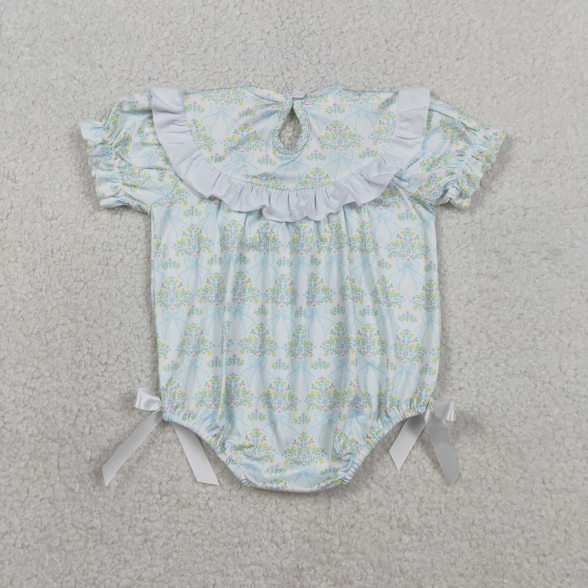 Enbroidery SR3487 Blue Bows Flowers Short Sleeve Girls Romper